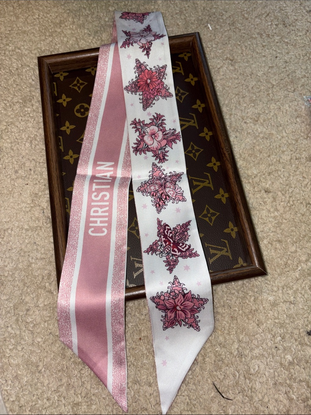Pink Floral Satin Feel Twilly with Christian Accent